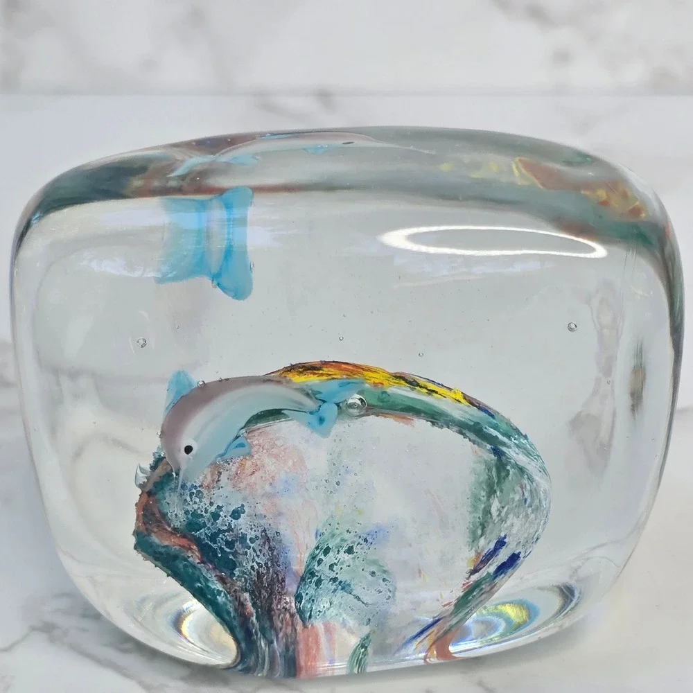 Vintage Art Glass Dolphin Paperweight Ocean Reef Figurine Blue Clear 3in